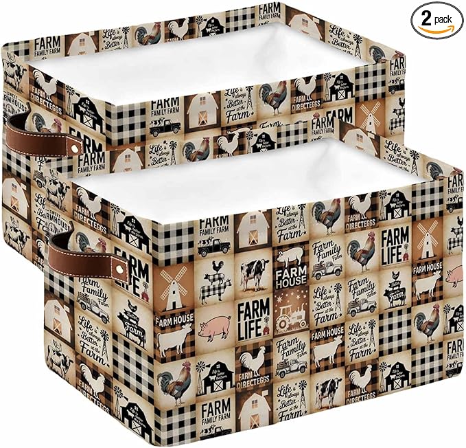 Farmhouse Checkered Storage Bins Cubes Waterproof Cloth Storage Basket, Rustic Retro Farm Life Assembling Foldable Storage Bags for Shelf Closet Clothes Organizers with Handles 15x11x9.5 in 2PCS