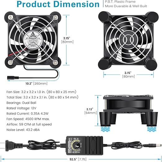 GDSTIME 80mm x 25mm Computer Fan with AC Plug, 100V-240V Variable Speed Controller for Modem Terrarium Router Receiver DVR PlayStation Xbox Component AV Cabinet Cooling
