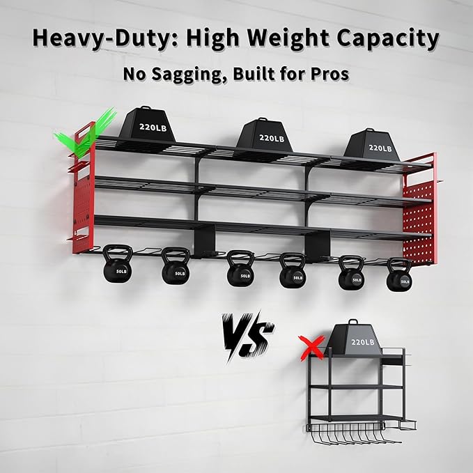 Frizoky 52" Heavy Duty Power Tool Organizer Wall Mount with 12 Drills Holder, 4-Tier Power Tool Storage Rack, DIY Pegboard Side Panels,4 Long Hooks, Garage Metal Tool Shelf for Battery,Drills