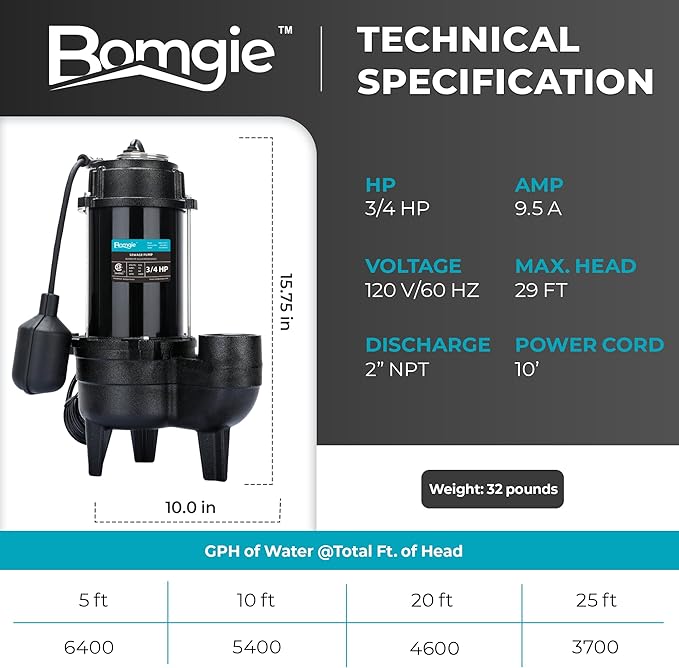 3/4 HP Sewage/Effluent Pump, 6400 GPH Submersible Basement Sewer Pump with 10ft Auto Float Switch, Cast Iron Sump Ejector, 2'' NPT for Sewage Basin, 120V