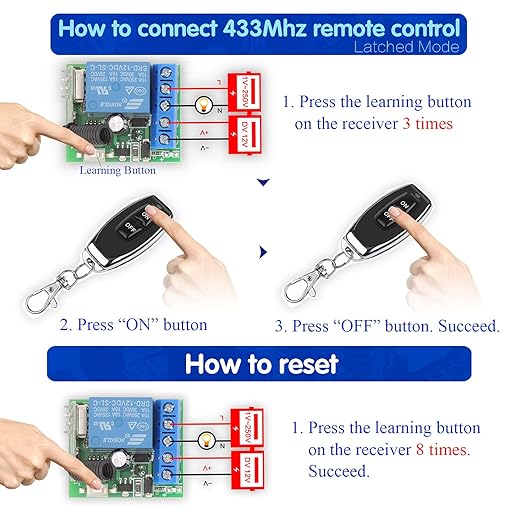 DieseRC 433Mhz Universal Wireless Remote Control Switch DC 12V 1CH RF Relay Receiver Module with 5 Transmitters EV1527 Learning Code Remote Switch