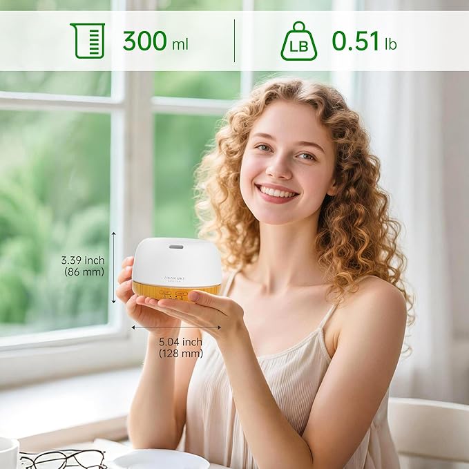 ASAKUKI Essential Oil Diffuser, 300ml Ultrasonic Aromatherapy Oil Humidifier with 7 Colors LED Lights, 2 Mist Mode for Home, Gift for Mom (Wood Grain)