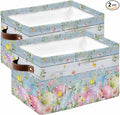 Easter Eggs Storage Bins Cubes Waterproof Cloth Storage Basket,Spring Daisy Eucalyptus Leaves Light Blue Wood Foldable Storage Bags for Shelf Clothes Storages Organizers with Handles 15x11x9.5 in 2PCS