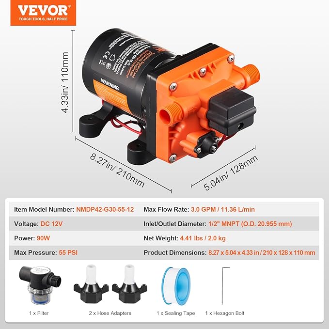 VEVOR 12V Diaphragm Pump, 3 GPM (11.36 L/min), 4-Chamber 12 Volt DC Water Pump with Automatic Pressure Switch 40-100 PSI Adjustable, 55 PSI, 1/2'' MNPT Port, for RV Yacht Food Truck Camper Marine