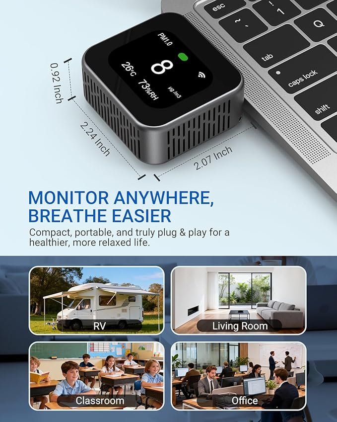 Air Quality Monitor Plug-in, Portable Air Tester for PM2.5, CO2, TVOC, PM10, Temperature, Humidity with Visual and Audible Alarm, App Control for Indoor and Outdoor