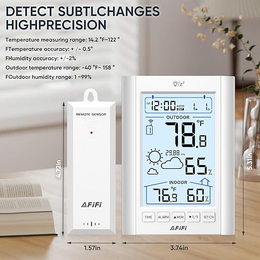 Indoor Outdoor Thermometer Hygrometer Wireless Weather Station - Inside Outside Thermometers Hygrometer Monitor with 330ft Remote Sensor, Battery Powered, Backlight Display (White)