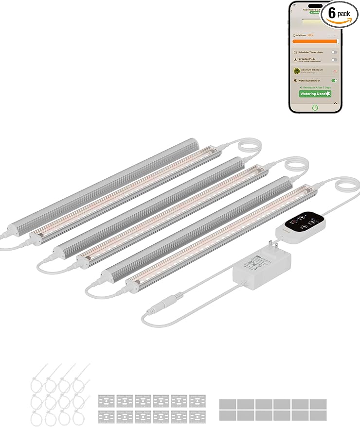 GLOWRIUM Smart Grow Lights for Indoor Plants with APP, Full Spectrum Grow Lights for Seed Starting, G6 Plant Light Strip with auto Timer, 3 Angle dimming Levels for Plant Shelf, 6-Pack (Silver, 48W)