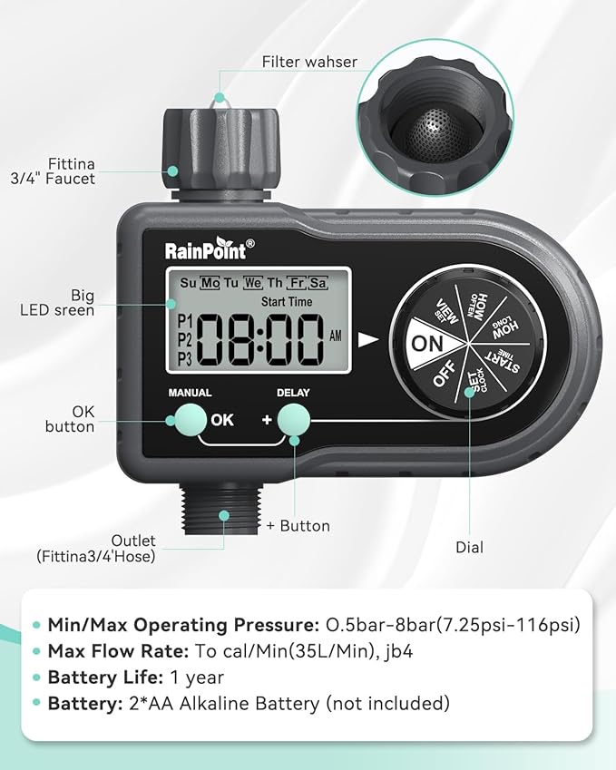RAINPOINT Sprinkler Timer, Hose Timer with 3 Individual Programs, Water Timer for Garden Hose Faucet, Programmable Automatic/Manual Irrigation System, for Specific Days or Daily Outdoor Lawn Watering