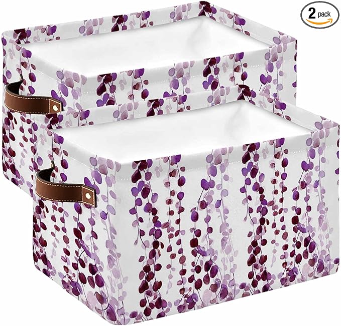 Purple Weeping Eucalyptus Storage Bins Cubes Waterproof Cloth Storage Basket,Spring Summer Farmhouse Leaves Foldable Storage Bags for Shelf Clothes Storages Organizers with Handles 15x11x9.5 in 2PCS