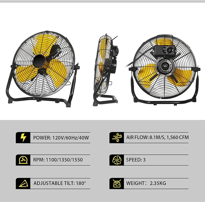 12 Inch Portable Metal Floor Fan, 3 Speed Table and Shop Fans with 180° Tilt, Quiet and Durable, High Velocity Fan 1600 CFM, Ideal for Bedroom, Garage, Workshop