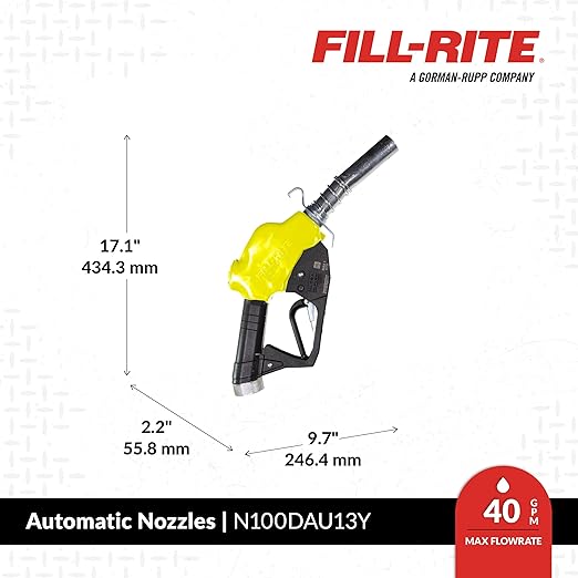 Fill-Rite N100DAU13Y 1” 3 to 40 GPM Automatic Ultra High Flow Fuel Transfer Nozzle, Yellow -For Gasoline, Diesel, Biodiesel up to B20, E15 & Kerosene