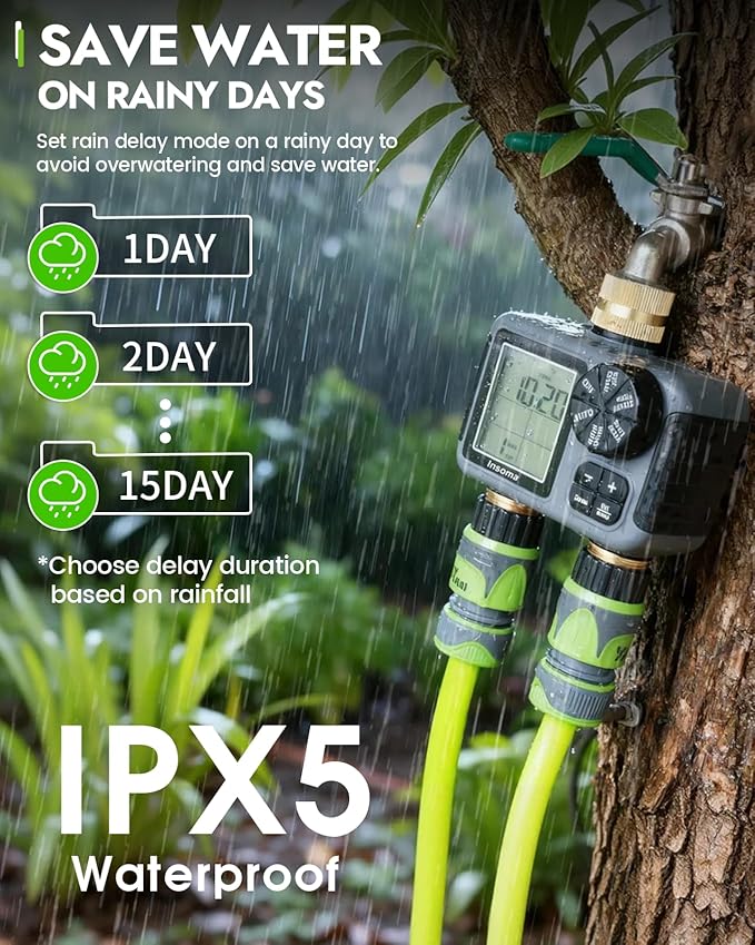 Insoma 2-Zone Sprinkler Timer Brass Inlet/Outlet, Water Hose Timer with Auto/Manual Modes + Rain Delay | Big LCD Dispay | Hose Timers for Garden, Yard Lawn, IPX5 Waterproof & Save Water