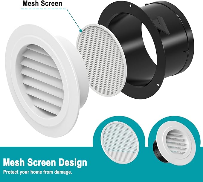 HG Power 6 Inch Soffit Vent Cover – Round ABS Louver with Built-in Screen Mech for Attic, Bathroom, Garage & Dryer Duct Ventilation (150mm,White)