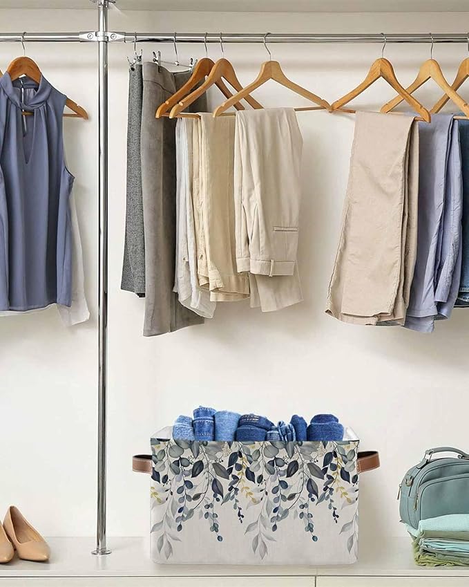 Blue Grey Eucalyptus Storage Bins Cubes Waterproof Cloth Storage Basket,Farmhouse Weeping Leaves on Linen Foldable Storage Bags for Shelf Clothes Storages Organizers with Handles 15x11x9.5 in 2PCS