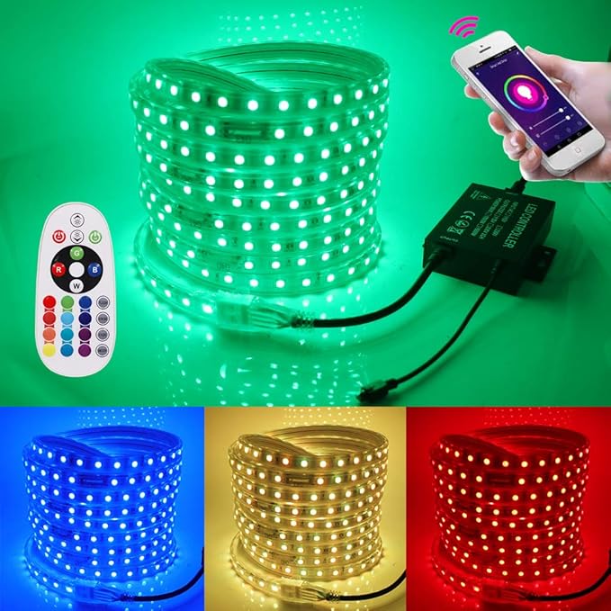 LED Strip Lights, WIFI 110-130V RGB Dimmable Waterproof 5050 60 LED/m Light Strip with 1500W Controller, Compatible with Alexa, Google Home, iOS & Android Music Time Control System(46ft/14m)