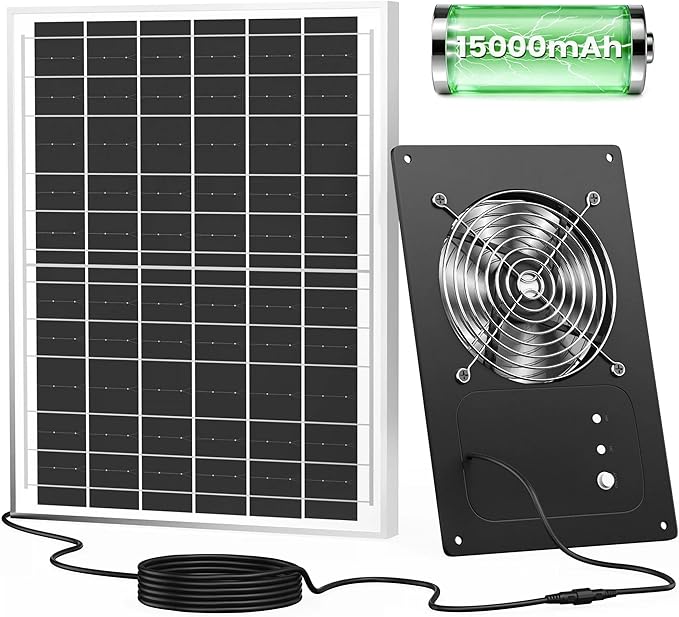 Solar Fan for Chicken Coop with Battery and Timer, 25W 15000 mAh Solar Powered Exhaust Fan for Greenhouse, Outdoor, Shed, Vent, Doghouses, Windows, RV, High Wind Speed, Rainproof