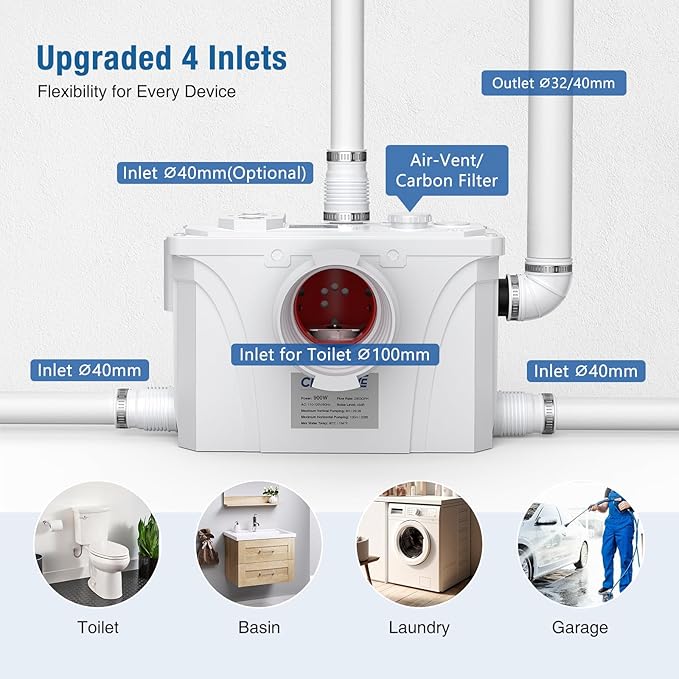 CrestWave 900W Macerator Pump, Automatic Sink Pump 2200GPH High Flow, Max.H 29.5ft, Quiet 45dB, Anti-Clog Design, with Full Accessories for Off-grid Upflush in Basement Toilet Kitchen Bathroom Laundry