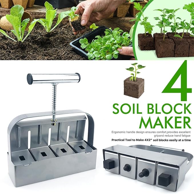 Soil Blocking Tool - Manual 4 Cell Steel Compactor, Ergonomic Non Slip Handle Block Former | 2 Inch Seed Starter Handheld Press Device, Heavy Duty Gardening Equipment for Transplanting Cutting