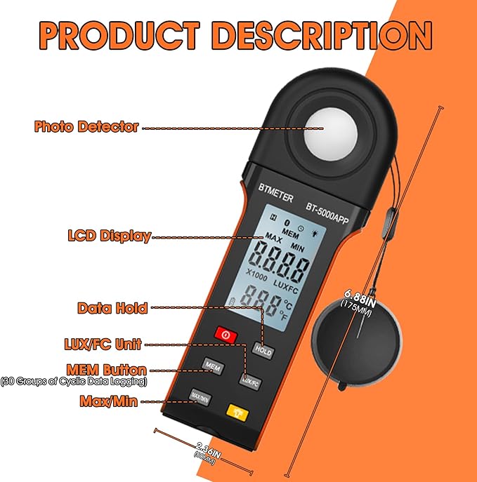 BTMETER Illuminance Light Meter w/Bluetooth - Digital Lumen Tester Measure Lighting Level Intensity 1~400,000 Lux(Foot Candle 1~37,160) Luxometer with 270º Rotated Sensor Data Logging for Plants Grow
