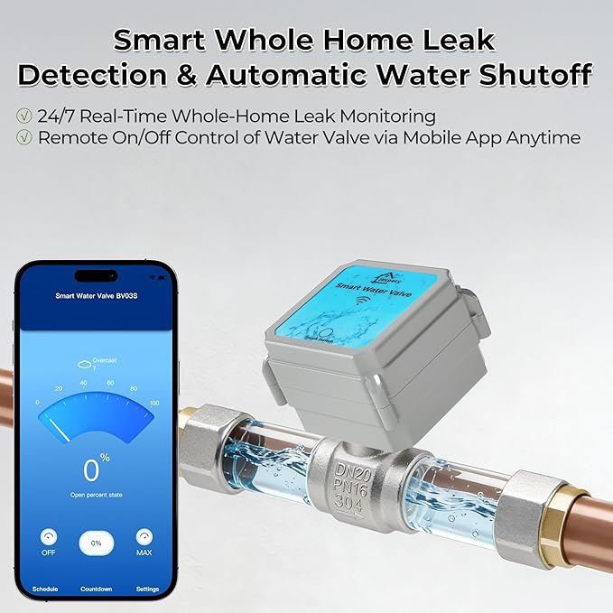 JAXPETY Smart Water Monitor and Automatic Shutoff,Water Leak Detector with Countdown Function & Power-Off Protection,Water Flow Adjustment & Real-Time Message Alerts,Water Leak Sensor for 3/4" Pipe