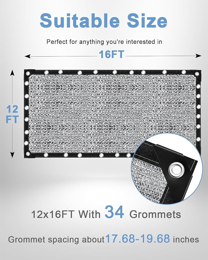 vensovo 85% Aluminum Shade Cloth - Reflective Aluminium Shade Netting Sun Shade Cover with Grommets for Cars, Dogs, Outdoor, RV, Patio (12x16FT)