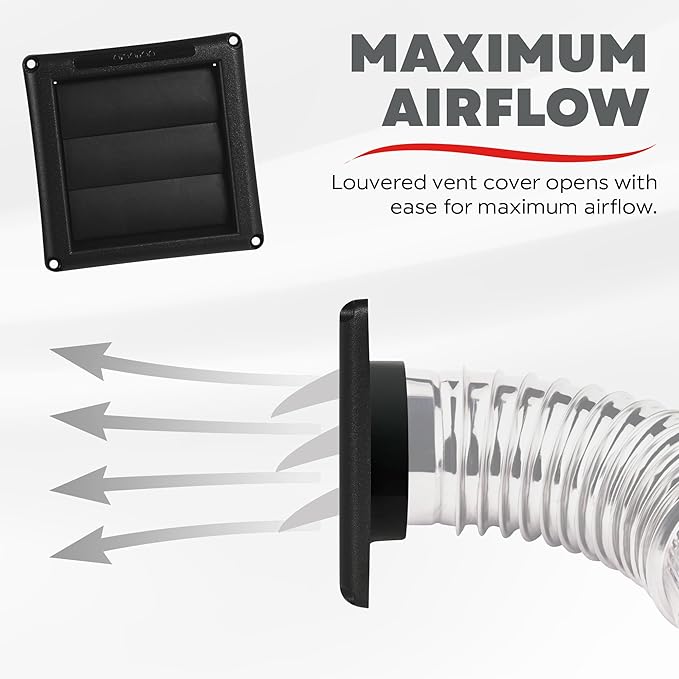 Deflecto Supurr-Vent 4” Outdoor Dryer Vent Cover Black Louvered Wall Hood with Gravity Damper for Backdraft Prevention, Fits Standard 4” Dryer Exhaust Pipe, Weather & UV-Resistant, Durable 6"x6" Face