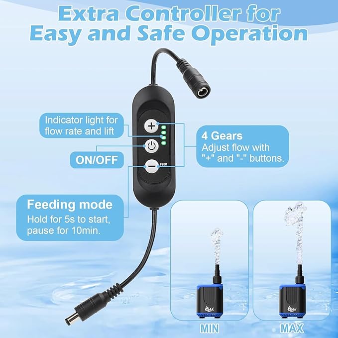 AQQA DC Aquarium Water Pump with Controller,4 Flow Adjustable,Feed Mode,IP68 Submersible Quiet Fish Tank Pump,3 Nozzles for Pond Fountain Statuary Hydroponics Freshwater Saltwater 10W