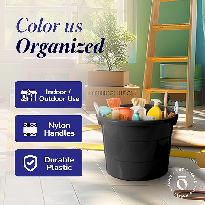 HOMZ 2-Pack Utility Tub, Large Plastic Storage Bucket with Rope Handles, 18 Gallon, Black - Portable Indoor and Outdoor Buckets for Kitchen, Laundry, Garden, Bathroom, and Garage Organization