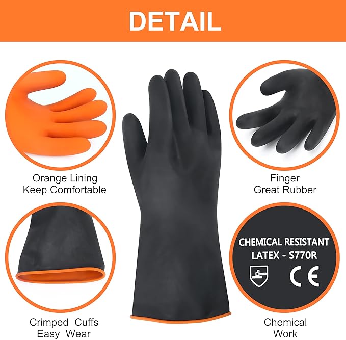 14" XL Size Latex Chemical Resistant Gloves, Reusable Heavy Duty Long Rubber Gloves Dishwashing Glove, Industrial Safety Gloves for Men, Forearm Protection Waterproof Resist Strong Acid, Alkali, Oil