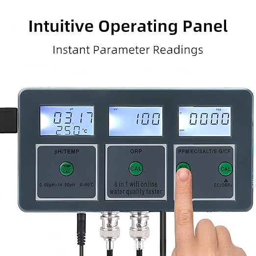 8 in 1 Water Quality Tester, Tuya WiFi Smart Water Quality Meter, DC 6V Wall Mount Digital Aquarium Water Monitor for Fish Tank Hydroponics Labs PH/S.G/EC/Salt/ORP/TDS/CF/Temp