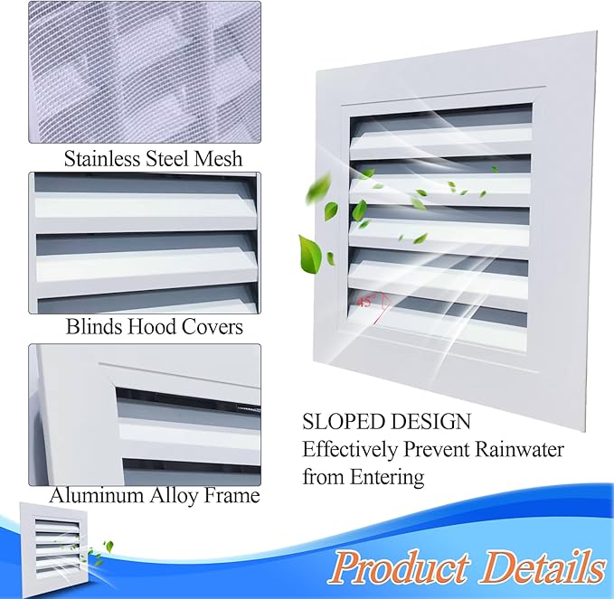 Gable Vent with Screen - 12" X 12" Aluminum Attic Vent Square Louvered Vent Cover - White Paintable Wall Vent Systems for Houses, Attic, Shed, Door, Shipping Container,Vent Opening: 10" X 10"