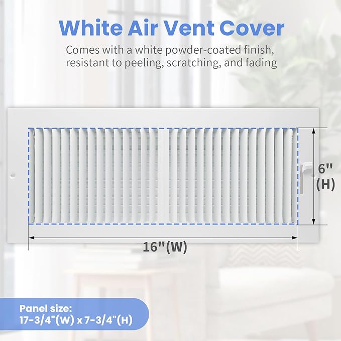 16 x 6 Inch [Duct Opening] Air Vent Covers for Wall or Ceiling - High Airflow 2 Way Steel Ventilation - Adjustable Wall/Ceiling Register, 17-3/4 Inch x 7-3/4 Inch [Overall Dimensions]