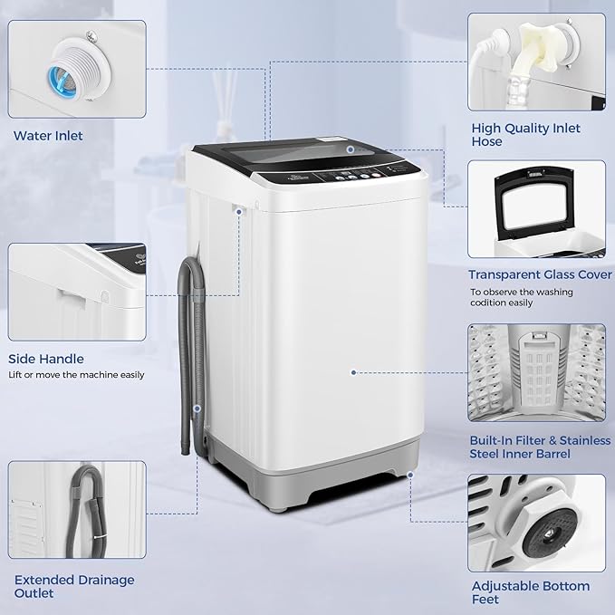 Nictemaw Portable Washing Machine, 17.8Lbs Capacity Full-Automatic Portable Washer, 2.4Cu.ft Washer and Dryer Combo with Drain Pump, 10 Programs 8 Water Levels Compact Laundry Machine for Apartment RV