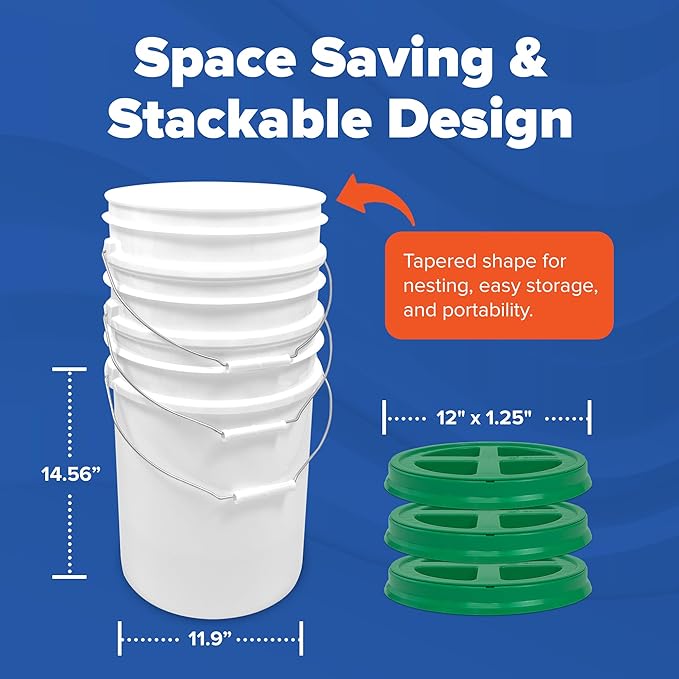 ePackageSupply 5 Gallon Bucket - Food Grade Bucket with Airtight Gamma Seal Screw-On Lid, BPA-Free, Heavy-Duty 90 Mil HDPE Plastic, Bulk Storage, Durable Container, Made in USA, White/Green, 6 Packs