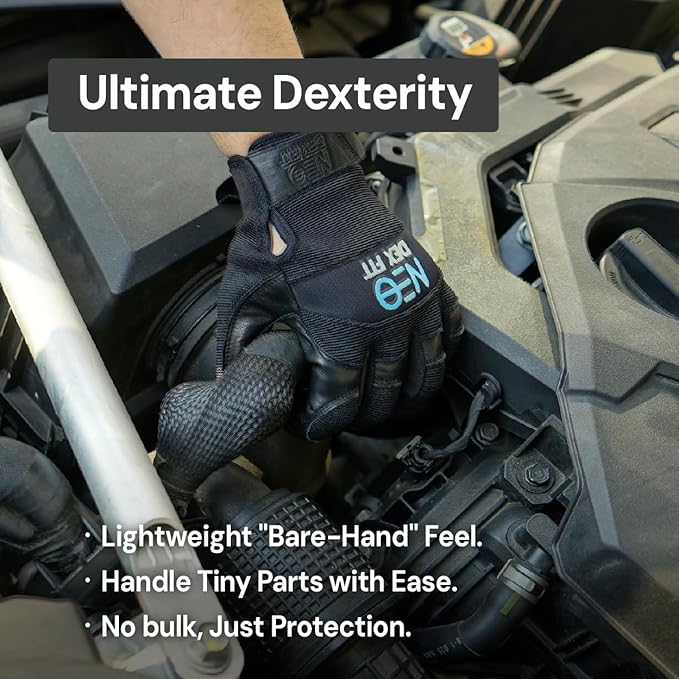 DEX FIT MG210 Lite Mechanic Work Gloves, Water-Resistant Cowhide Leather Palm, Lightweight 3D Fit, Breathable Utility Gloves for Auto Repair, DIY, Driving; Black/Black M 1 Pair