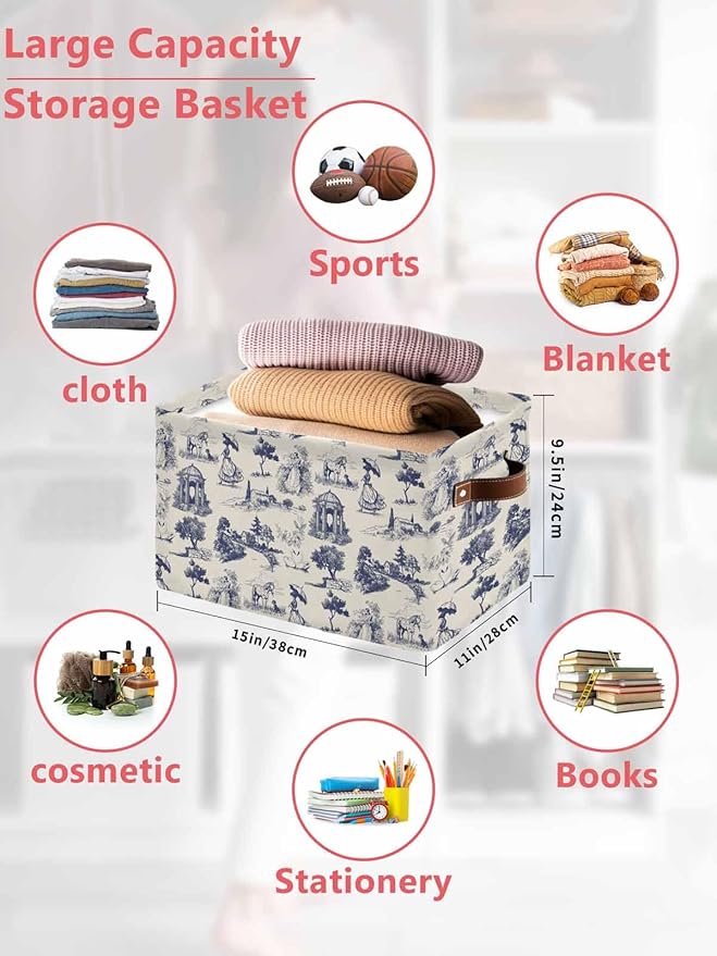 Farmhouse Country Storage Bins Cubes Waterproof Cloth Storage Basket, Vintage Blue French Garden Horse Swan Foldable Storage Bags for Shelf Closet Clothes Organizers with Handles 15x11x9.5 in 2PCS