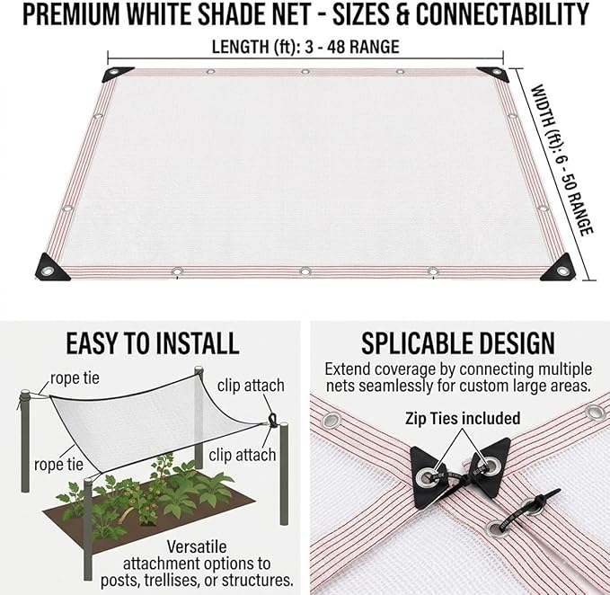 White Shade Cloth for Garden, 55% Percent Outdoor Shade Net HDPE Edge, Heavy Duty Fence Privacy Screen Cover with Grommets, Breathable Fabric Mesh Tarp, for Greenhouse Plants Patio(22x64ft)