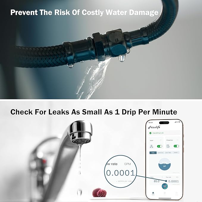 Frizzlife LP365 Smart Water Monitor and Automatic Shutoff - 0.01GPM Ultrasonic Micro Leak Detection, APP Wi-Fi Remote Control, Real-Time Flow/Temp Monitoring, 24/7 Water Usage Reports, 1.25" and 1"