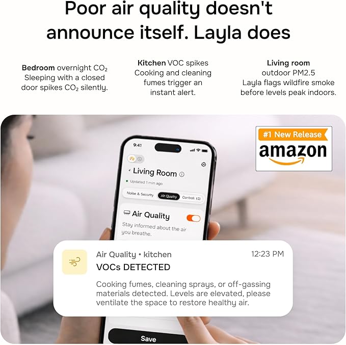 Layla Smart Home Agent — 9-in-1 Smart Sensor, Noise & Motion Detector, Air Quality Monitor with CO2, bVOC, Humidity & Energy Tracking | AC Controller, Works with Alexa & Google Home | No Subscription