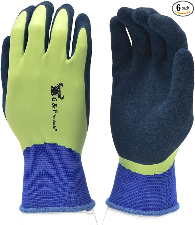 G & F 1536L-6 6 PAIR PACK Aqua Gardening Men's Gloves with Double Microfoam Latex Water Resistant Palm， Men's Large Size