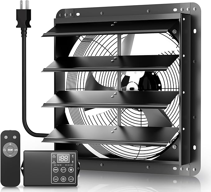 Xcity 12" Shutter Exhaust Fan with 6 ft Power Cord, AC Motor Attic Fan, Smart Speed Remote Control (32.8ft Range), Auto Temp Timer, Vent Fan for Home, Garage, Commercial，Window Ventilation
