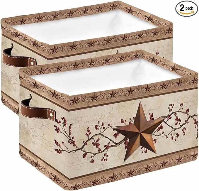 Farmhouse Texas Star Brown Storage Bins Cubes Waterproof Cloth Storage Basket, Berry Vintage Wooden Foldable Storage Bags for Shelf Closet Clothes Storages Organizers with Handles 15x11x9.5 in 2PCS
