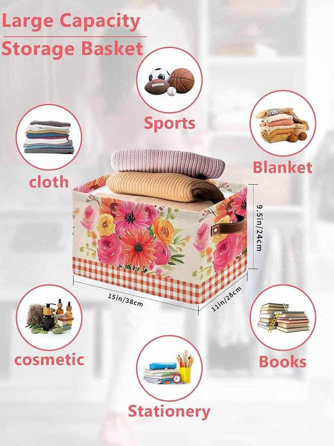 Spring Flowers Storage Bins Cubes Waterproof Cloth Storage Basket,Vintage Pastoral Floral Leaves Farm Checkered Foldable Storage Bags for Shelf Storages Organizers with Handles 15x11x9.5 in 1PCS