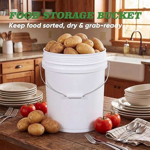DEMORA 5 Gallon Food Grade Plastic Bucket with Easy Open & Close Screw Lid, Heavy Duty Pail with Metal Handle, BPA-Free, for Food Storage, Water, Cleaning, Industrial Use（Black Lids，3 Pack）