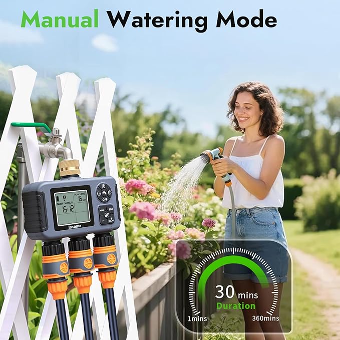 Insoma Water Timer with Brass Inlet, 3 Independent Zones Outdoor Hose Timer for Garden Faucet with Auto/Manual/Rain Delay Mode, IPX5 Waterproof, Sprinkler Irrigation Controller for Yard Lawn