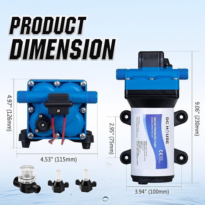 DC HOUSE 4-Chamber RV Water Pump 12V, 5.5GPM 70PSI High Pressure, Quiet Fresh Water Diaphragm Pump with On Demand Pressure Switch for Camper, Travel Trailer & Off-Grid Cabin