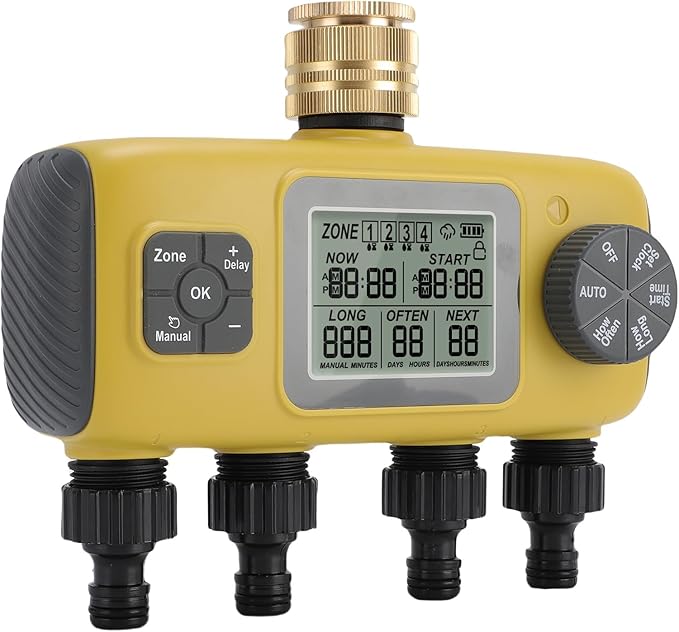 RiToEasysports Irrigation Timer, Intelligent Control, 4 Zone Watering Timer, Rain Delay, 3/4in Brass Inlet for Yard Lawn 40.1°F to 113°F