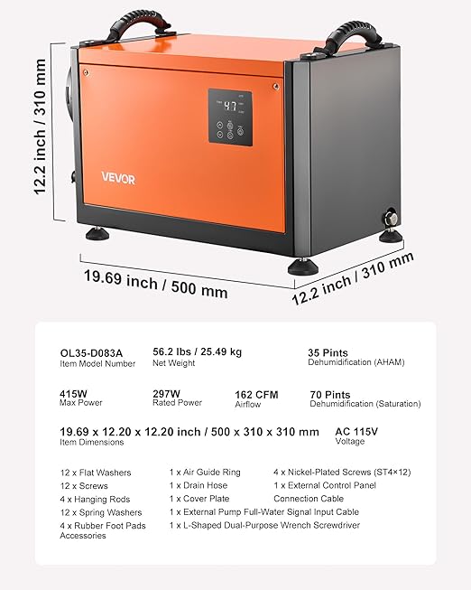 VEVOR 70 Pints Commercial Dehumidifier with Drain Hose, Portable Crawl Space Dehumidifiers for Basement Storage Room Industrial, Auto Defrost/Drainage, Heavy-duty Galvanized Steel, LED Indicate