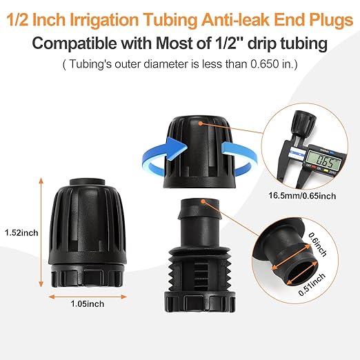 1/2 Inch Drip Irrigation End Plug Fittings, 12 Pieces 1/2'' Drip Line Barbed Locked End Cap Connectors for 1/2 Inch Irrigation Tubing (1/2" ID x 0.650" OD) for Garden Watering System