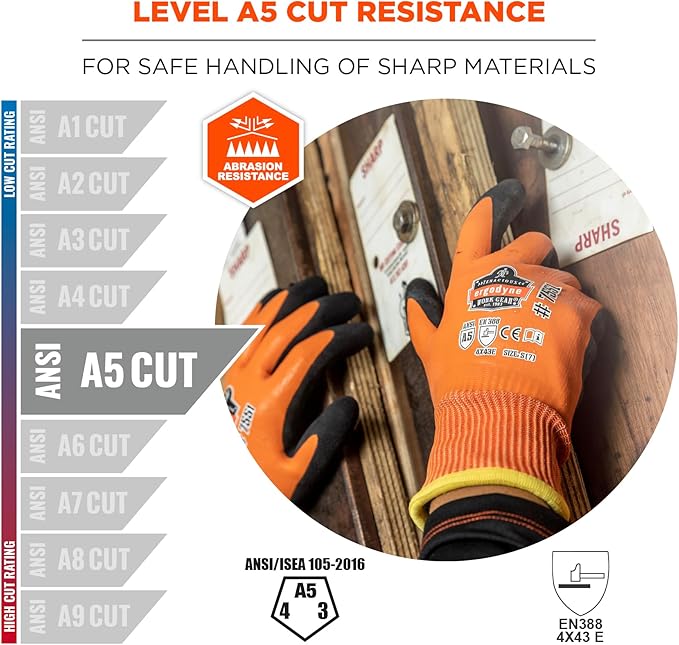 Ergodyne ProFlex 7551 Coated Waterproof Winter Work Gloves - A5 Cut-Resistant, orange,small,count of 2